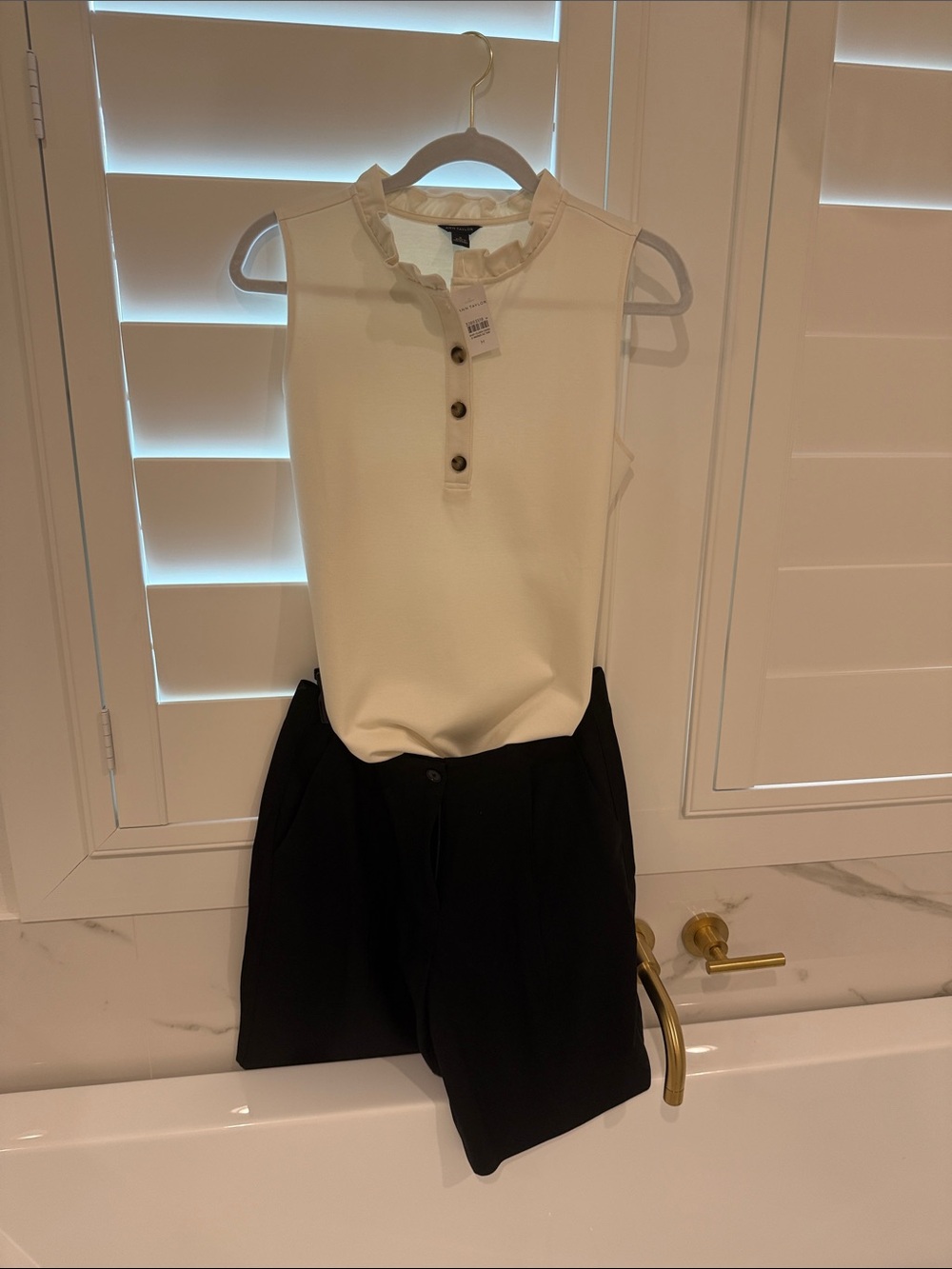 Ann Taylor Cream Ruffle-Trim Henley Top